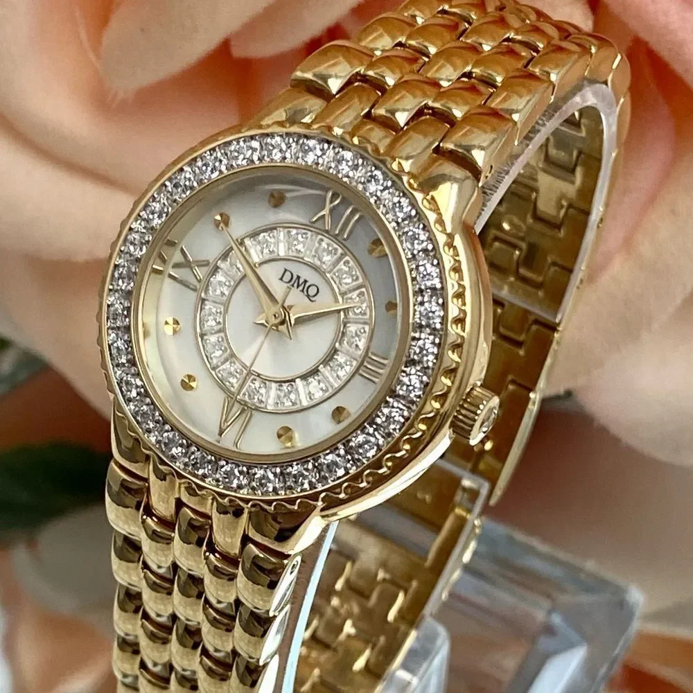 DMQ Diamonique CZ Bezel Mother of Pearl Dial Gold-Tone Dress Watch